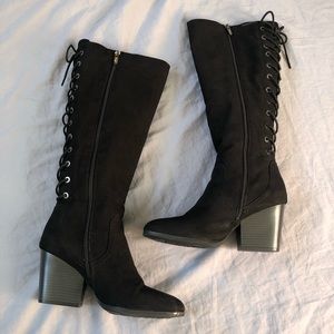 Sam Edelman Circus Teydin Black Suede Lace Up Knee High Boots With Block Heel